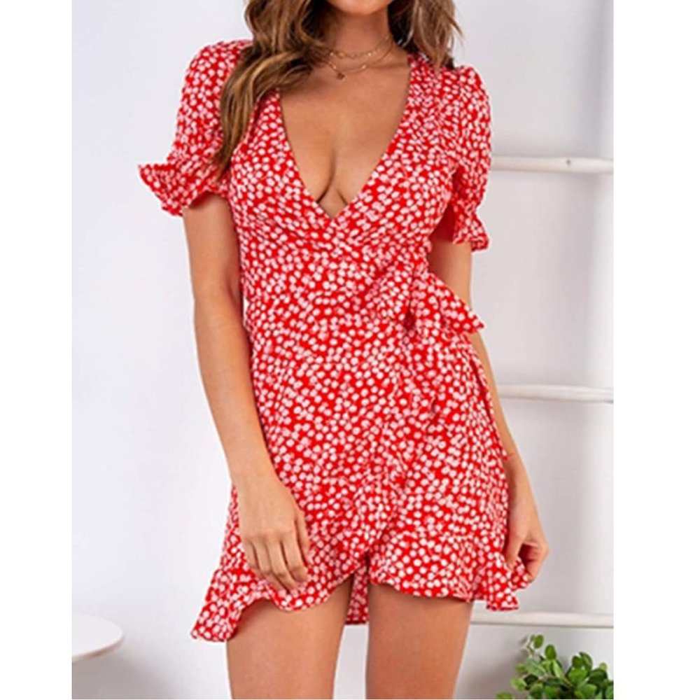 *HOST PICK* Red Floral Print Mini Dress w V-Neck